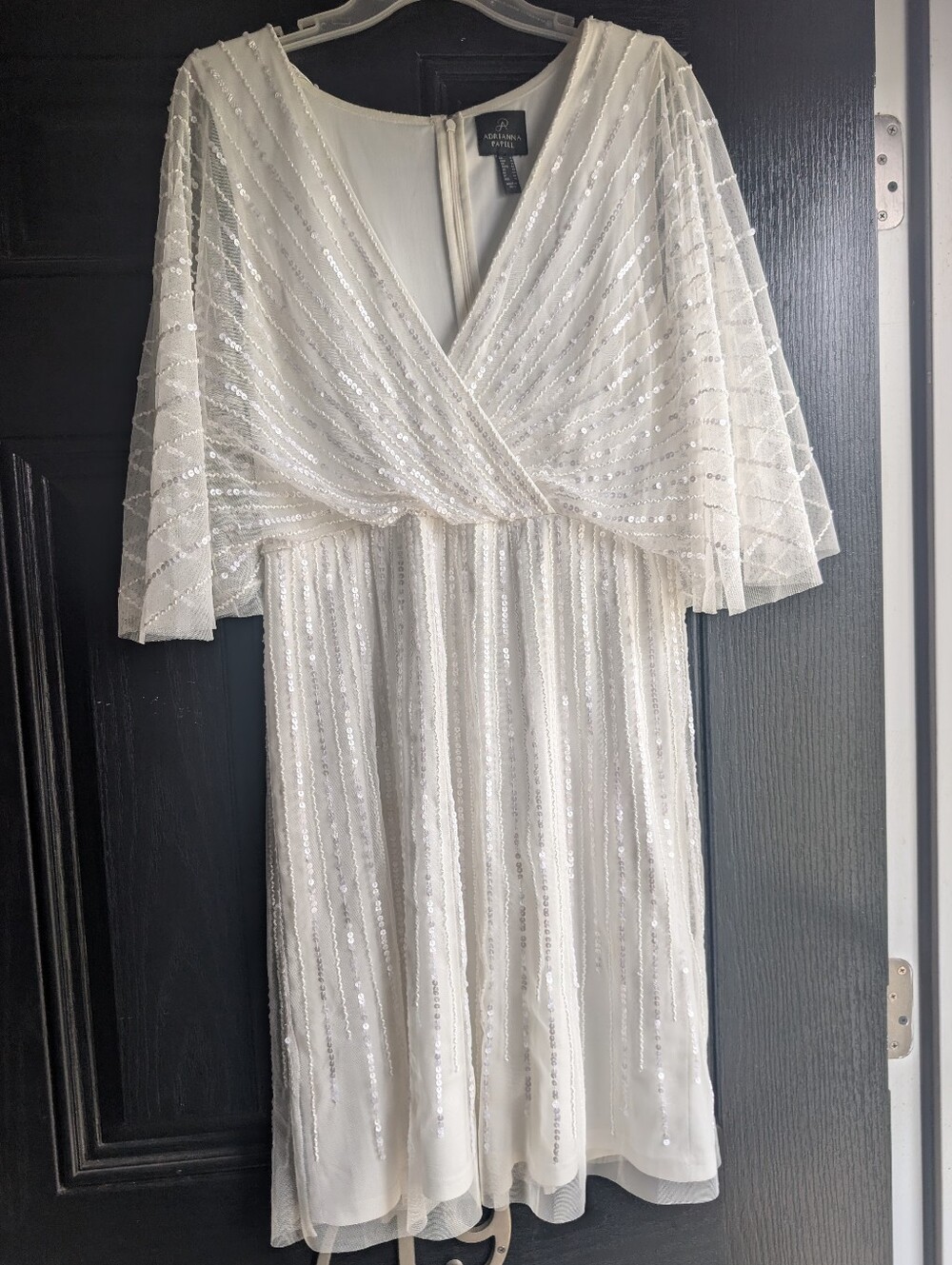 Adrianna Papell Ivory Sequin Midi Dress with Sheer Cape Sleeves